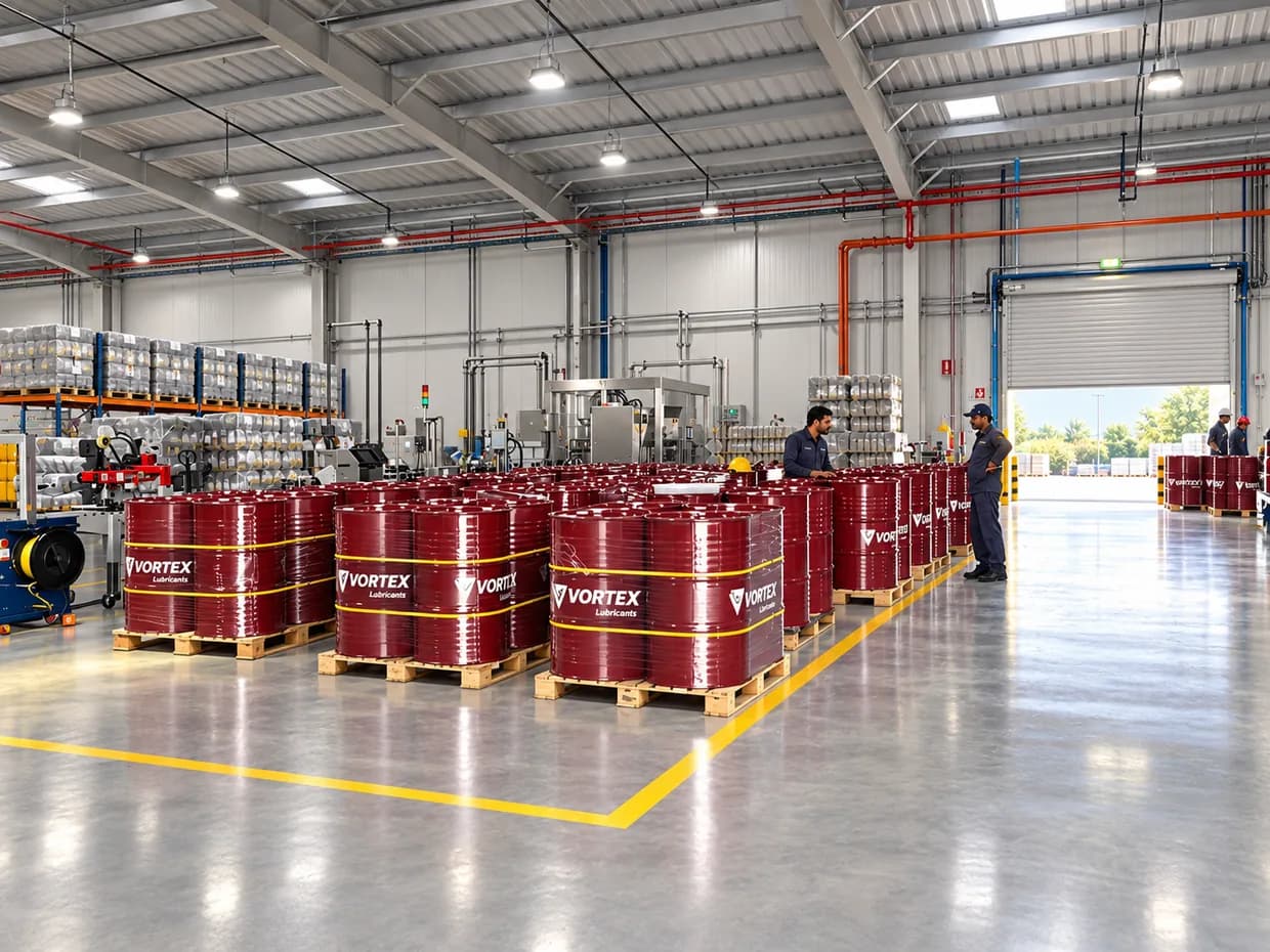 Palletised VORTEX drums staged across the warehouse floor