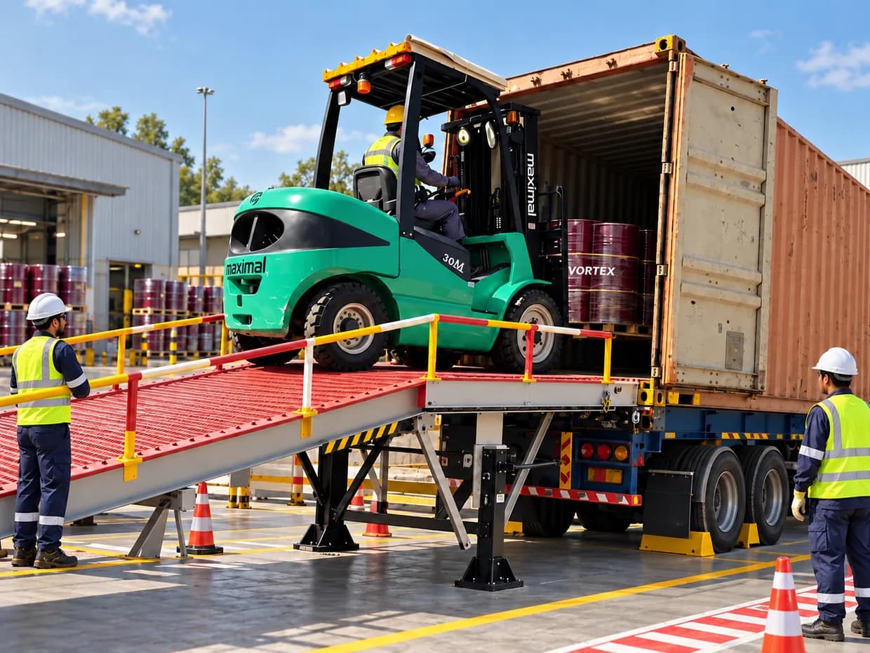A forklift loading drums into a shipping container from a loading ramp