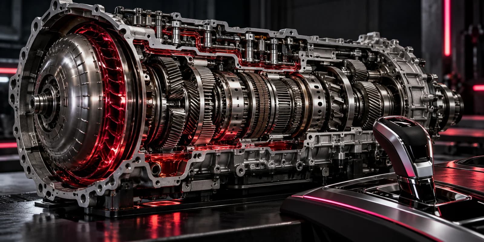 A cutaway automatic transmission on a workshop bench, torque converter at one end and gear train exposed along its length, lit in red, with a gear selector beside it