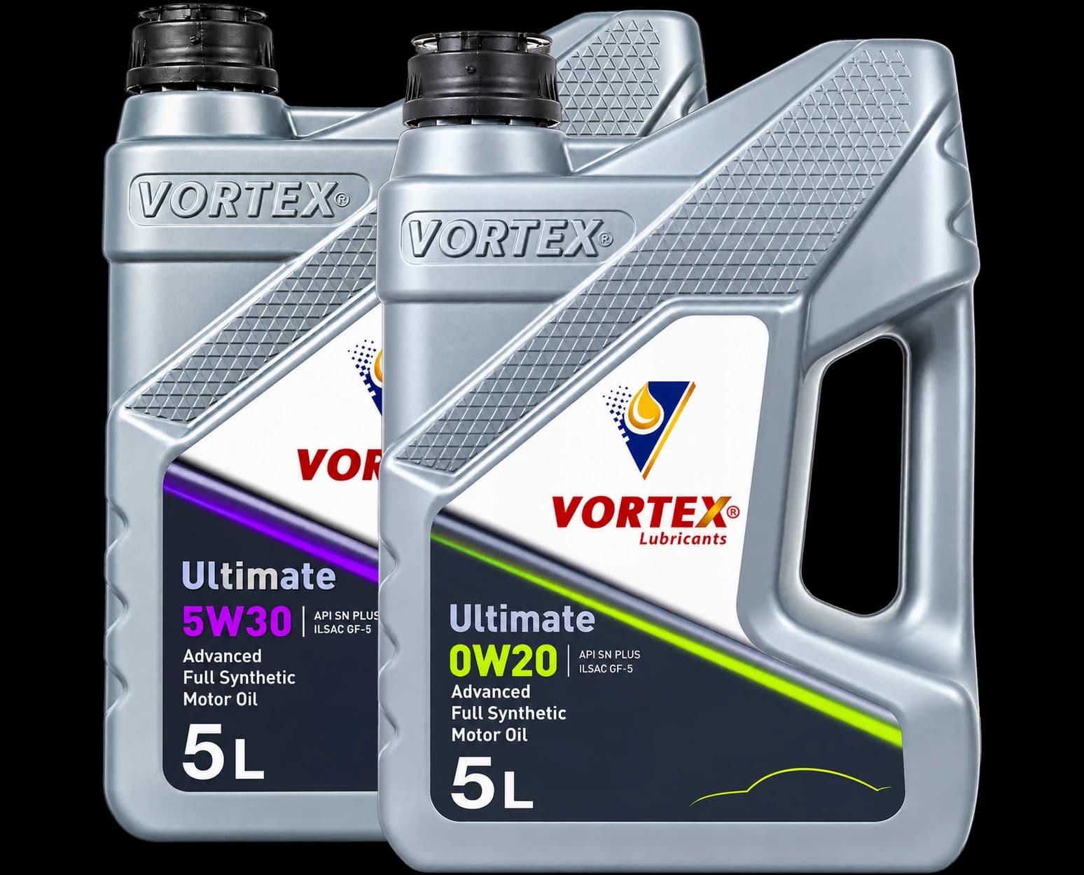 Vortex Ultimate 0W20 and Ultimate 5W30 advanced full synthetic motor oil, five litre packs