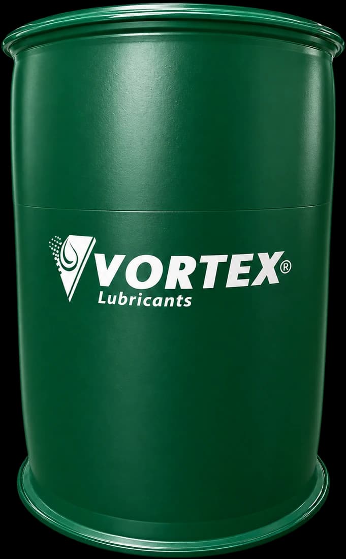 A green VORTEX Lubricants two hundred and eight litre drum