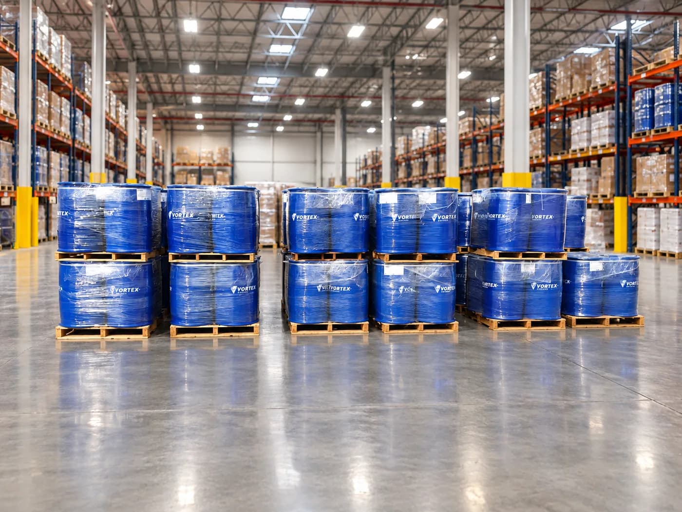 Wrapped pallets of blue Vortex drums standing in a racked warehouse