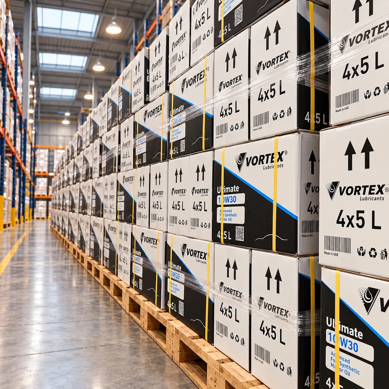 A long aisle of palletised Vortex 4x5 L export cartons along the warehouse racking