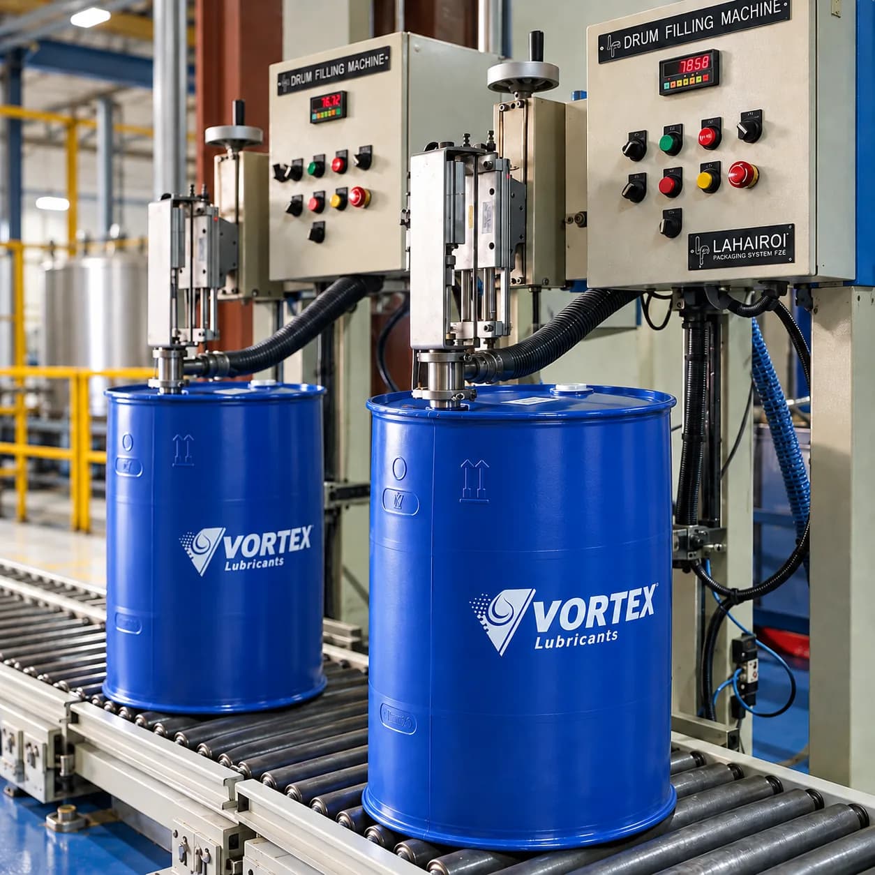 Blue Vortex drums on the roller conveyor beneath the drum filling machine
