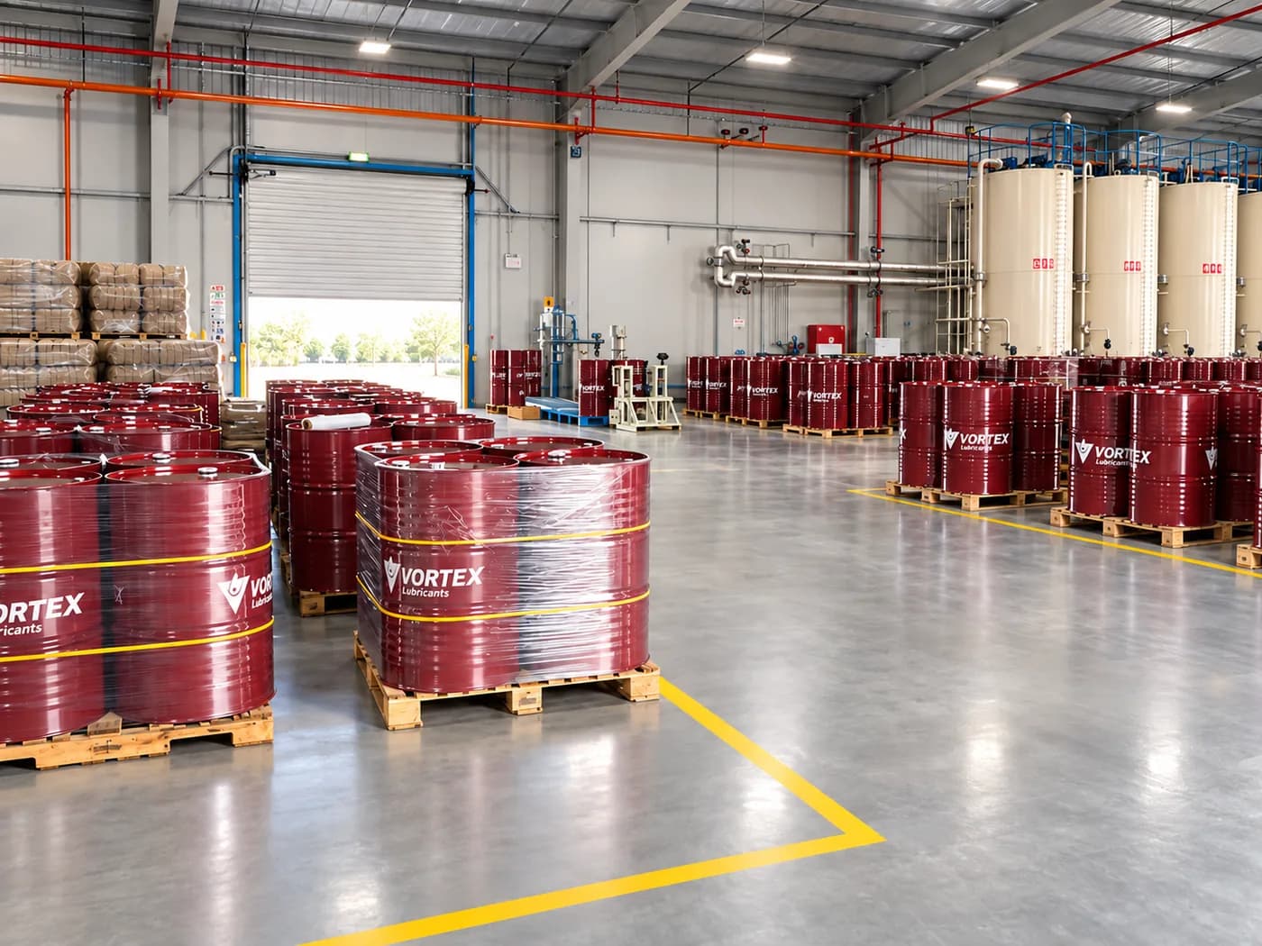 Red Vortex drums on pallets on the plant floor with blending tanks beyond