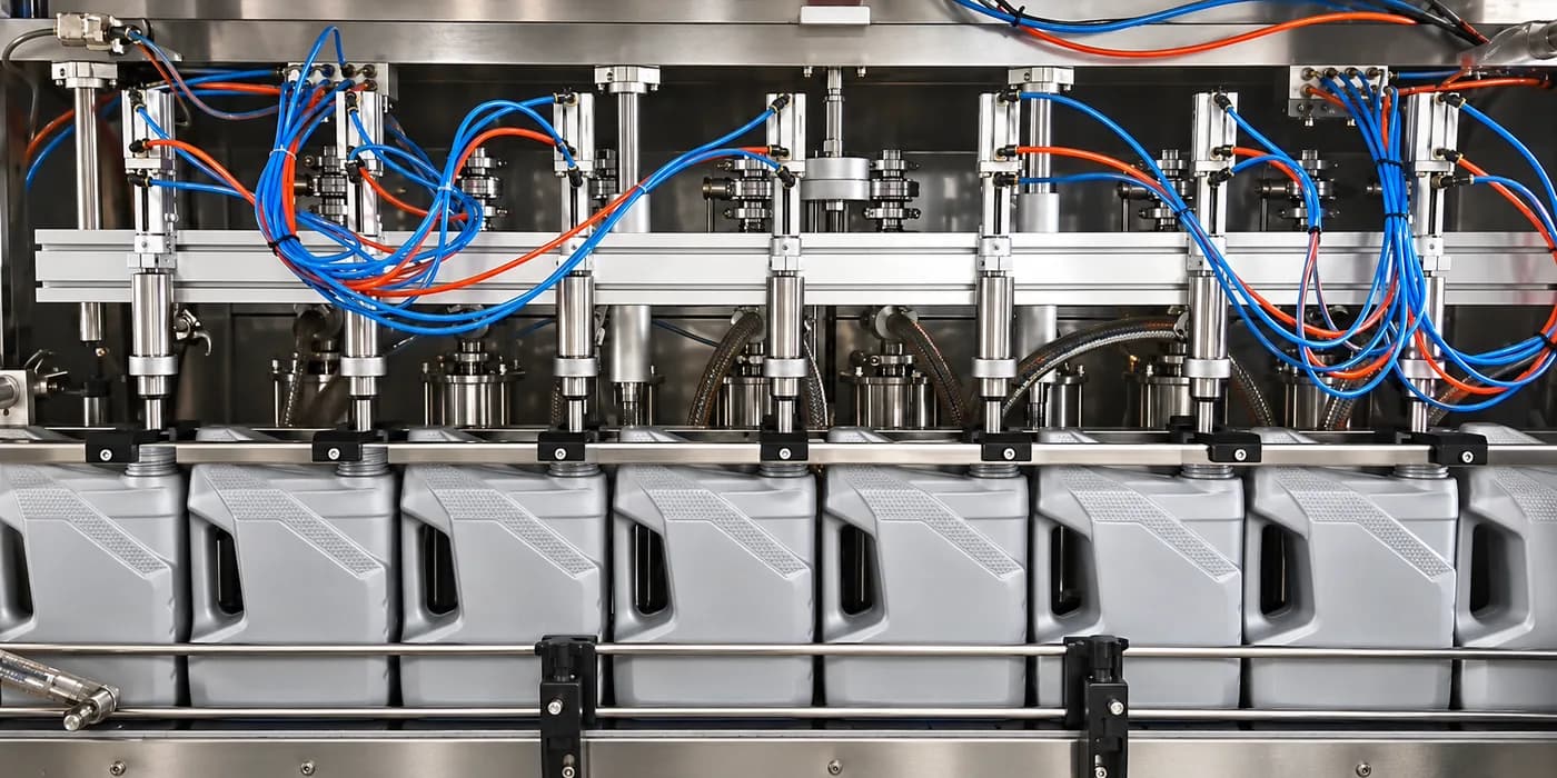 A bank of filling heads lowered over unlabelled Vortex packs on the conveyor of the automatic filling line