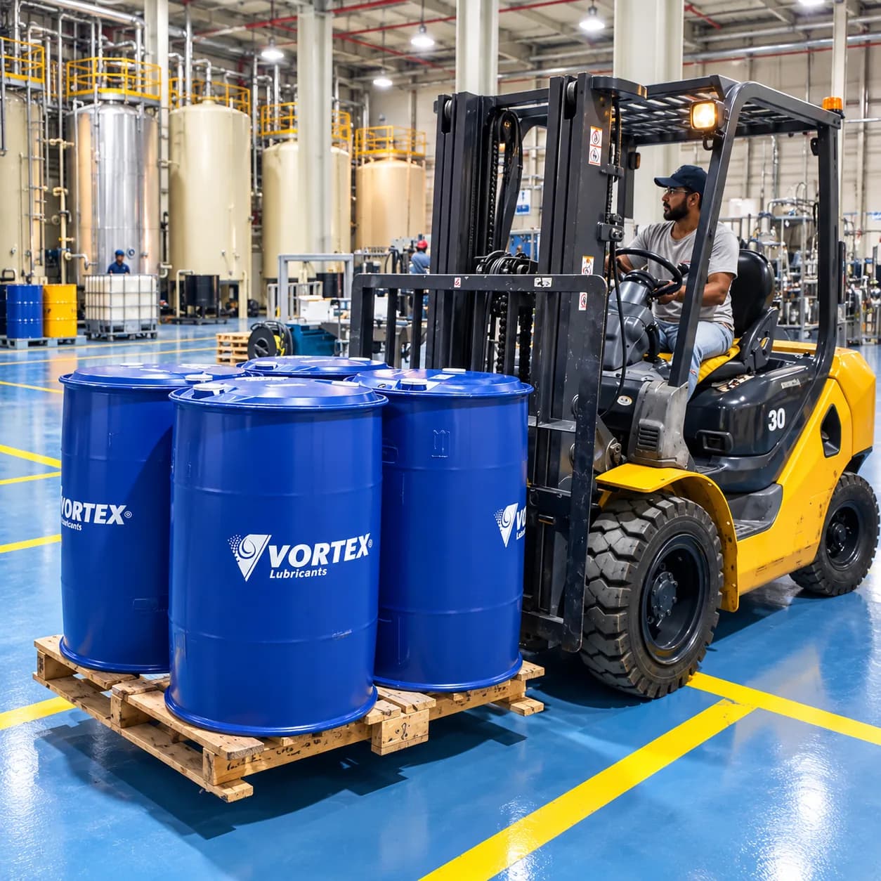 A forklift carrying a pallet of blue Vortex drums past the blending tanks