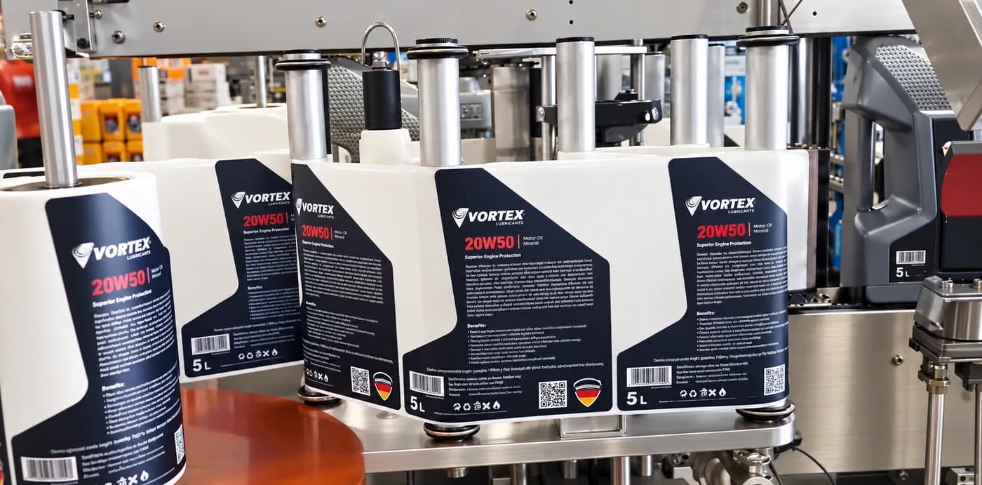 Labelled Vortex 20W50 five-litre packs moving through the line
