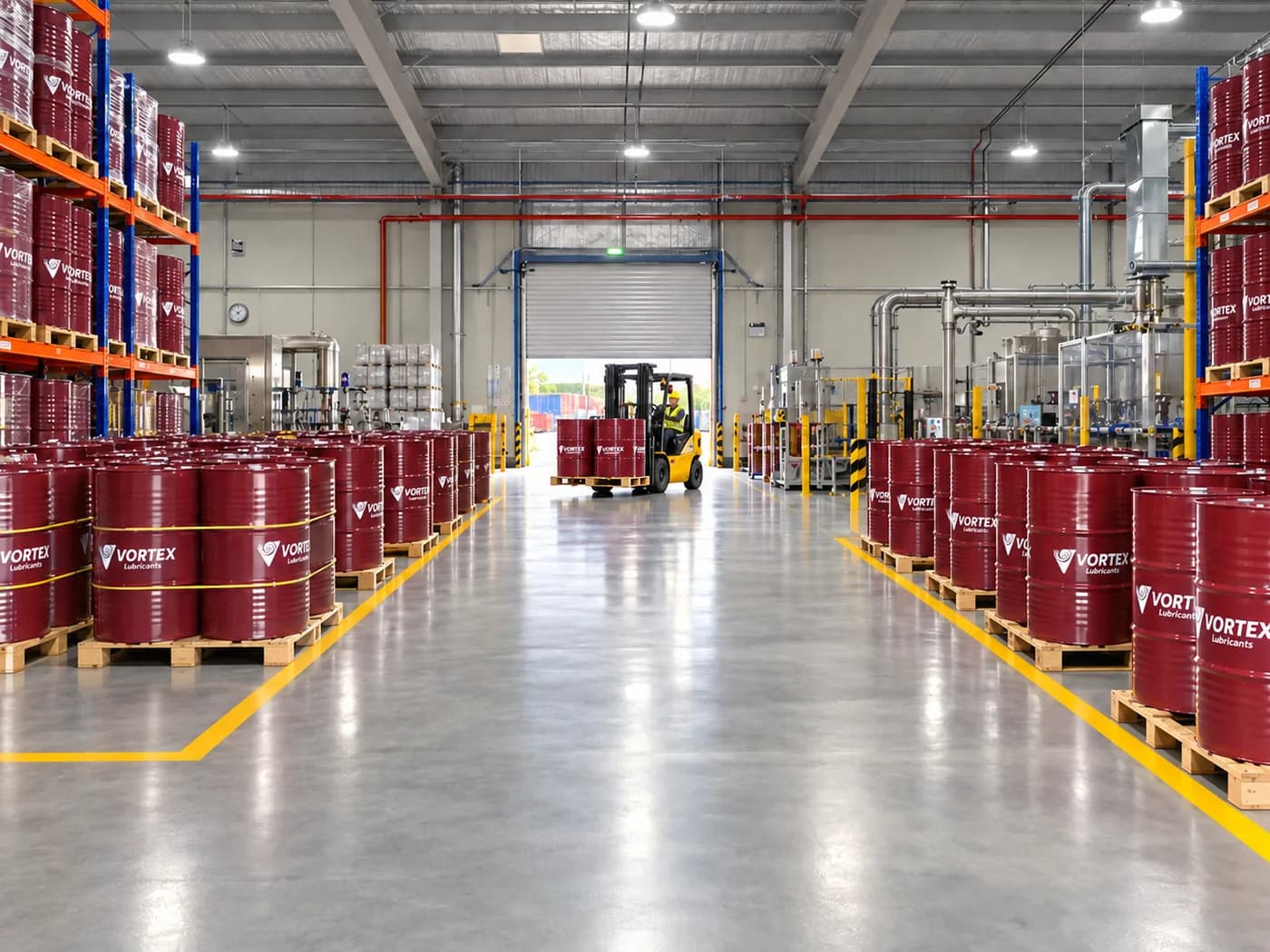 The plant aisle with red Vortex drums either side, a forklift, and the loading shutter open