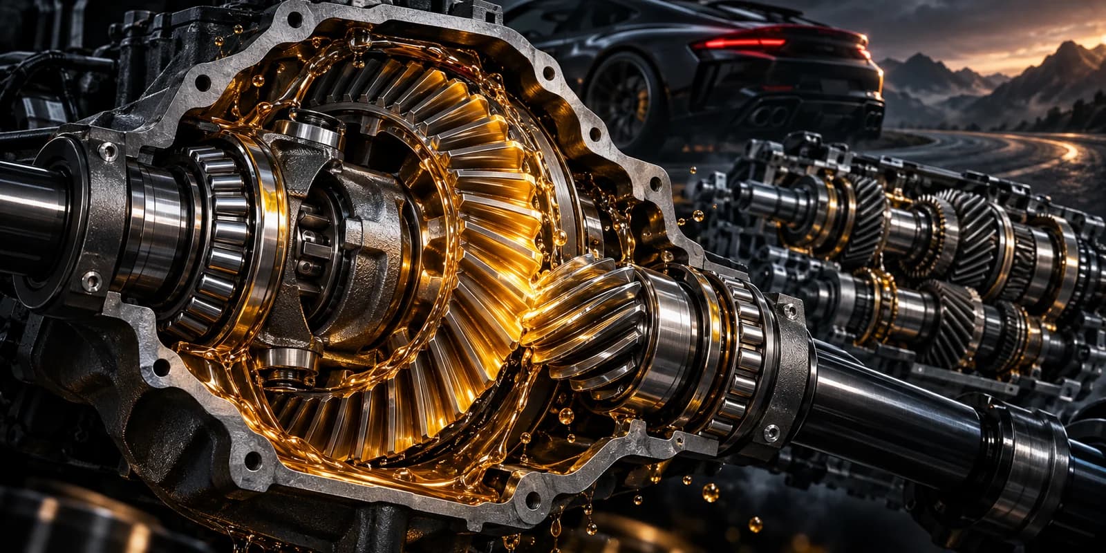 A cutaway hypoid drive axle and gear train running in amber oil, with a coupe on a mountain road behind it