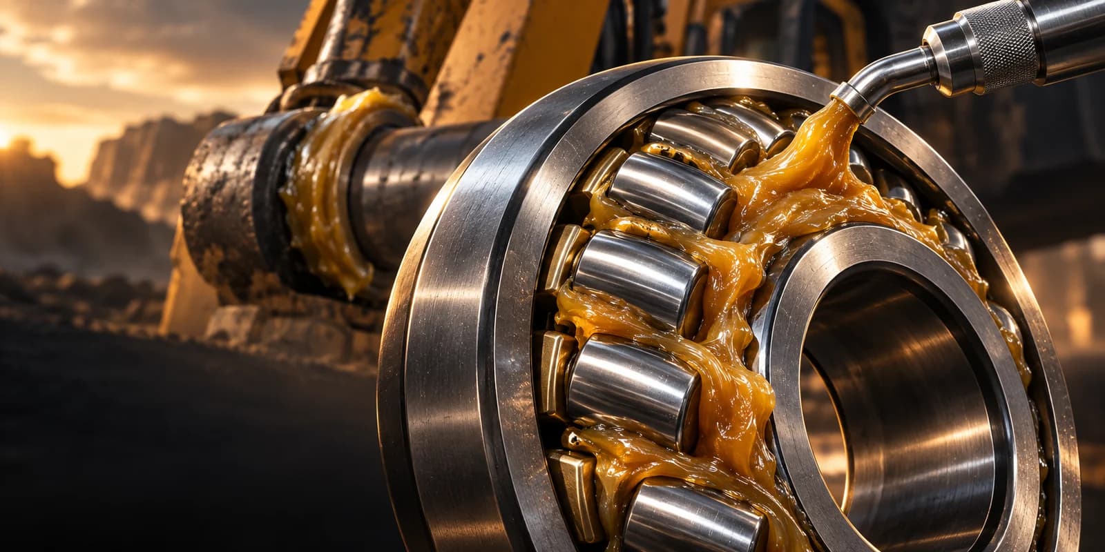 A spherical roller bearing packed with amber grease from a grease gun, with an excavator pivot behind it on a quarry floor at sunset