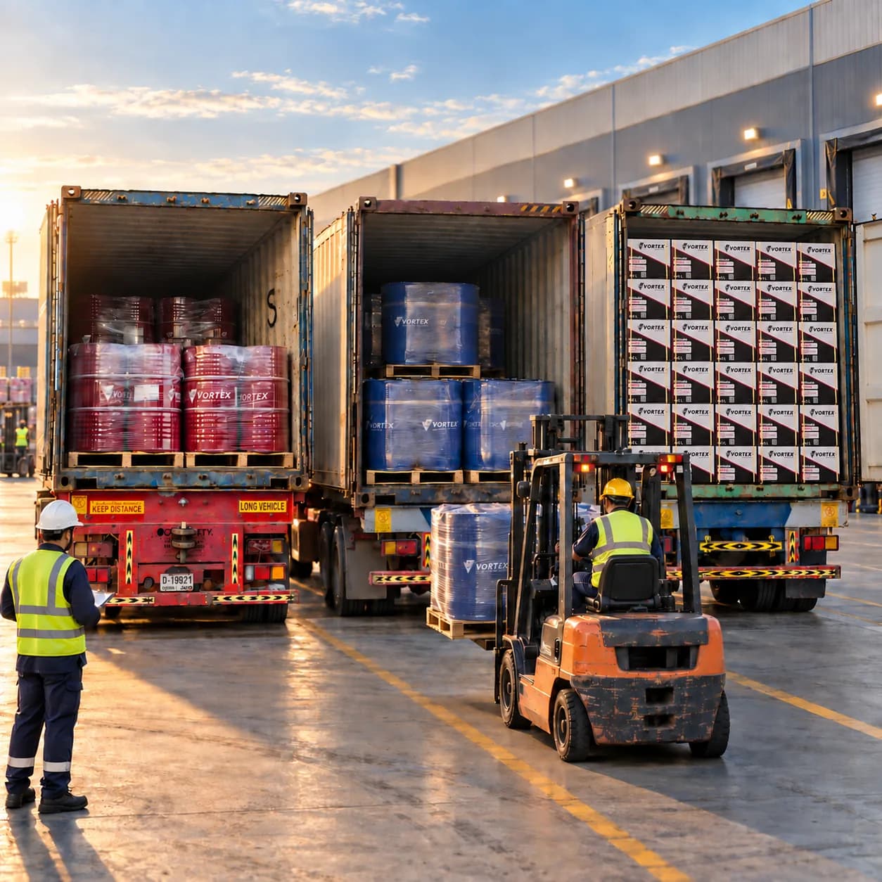 Forklift loading shrink-wrapped pallets of Vortex product into a shipping container, with a worker directing