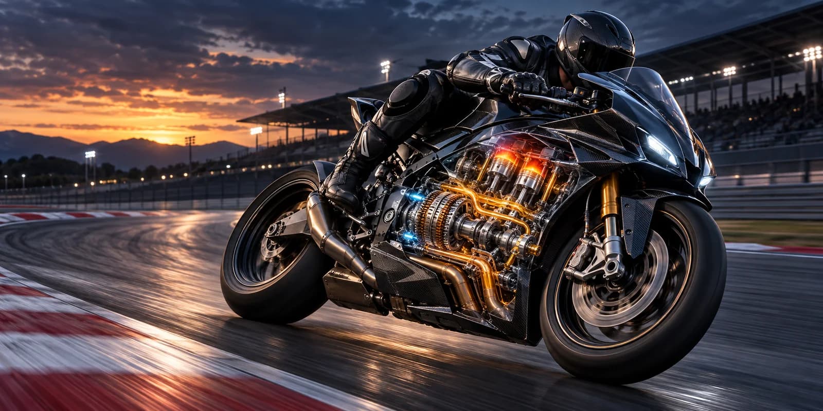 A sport motorcycle cornering on a floodlit racetrack at sunset