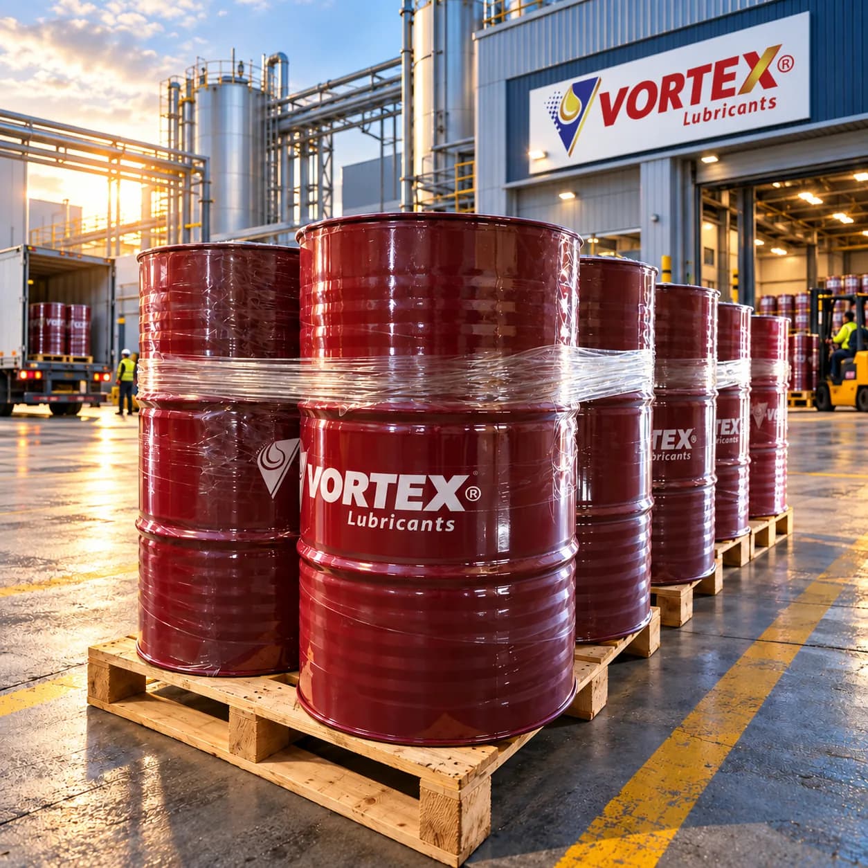 Red Vortex drums shrink-wrapped on pallets in a yard, with Vortex signage on the building behind