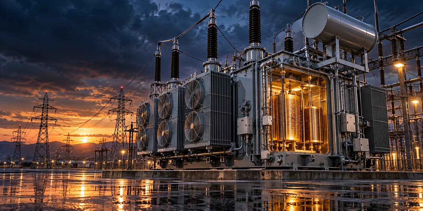 A high-voltage transformer at a substation at dusk, its windings lit amber behind the cooling radiators, with transmission towers along the horizon